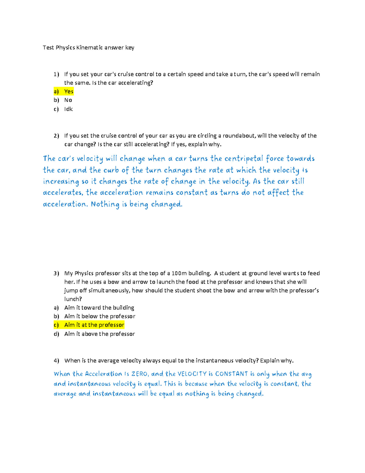 Physics Kinematics Quiz Answer Key Studocu