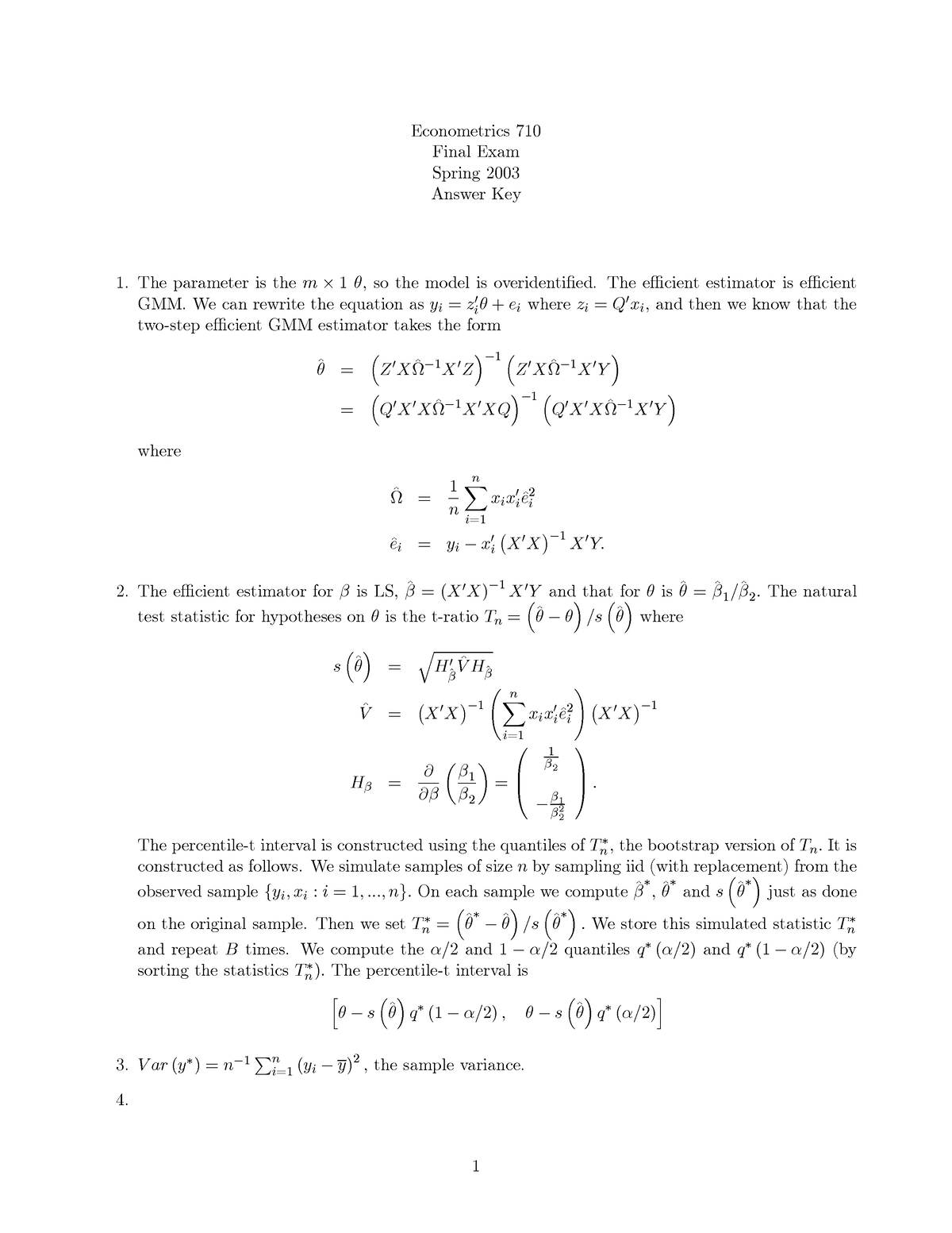 Final 2003 A - Exam - Econometrics 710 Final Exam Spring 2003 Answer ...