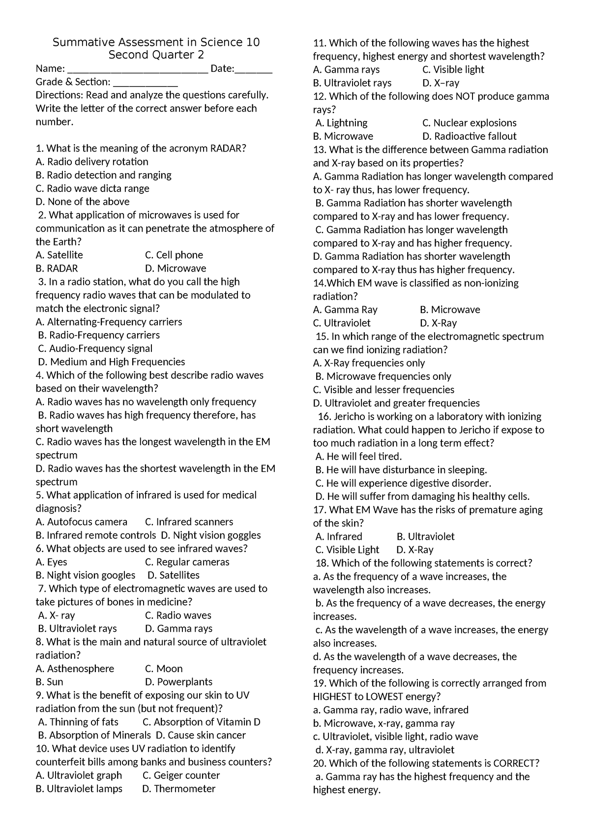 Quiz- electromagnetic spectrum - Summative Assessment in Science 10 ...