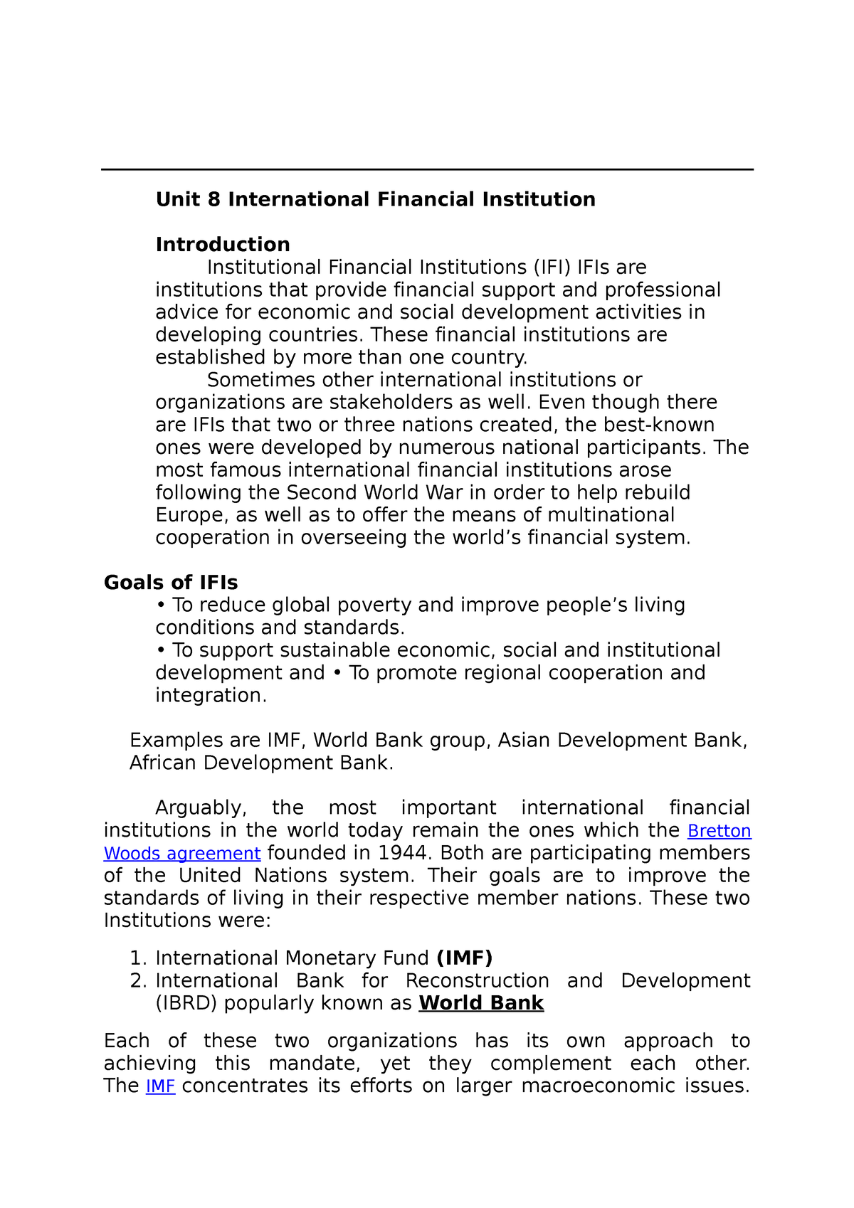 International Business : Financial Institution - Unit 8 International ...