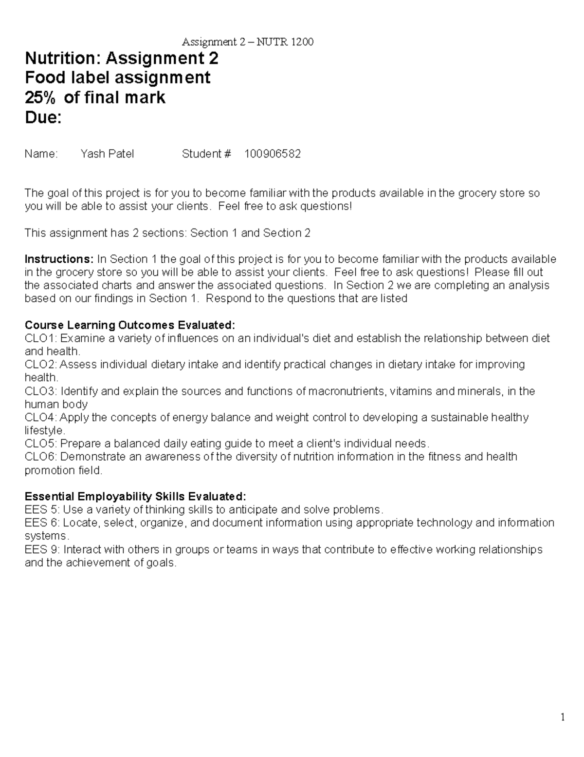 Food label assignment - 2022 - Nutrition: Assignment 2 Food label ...