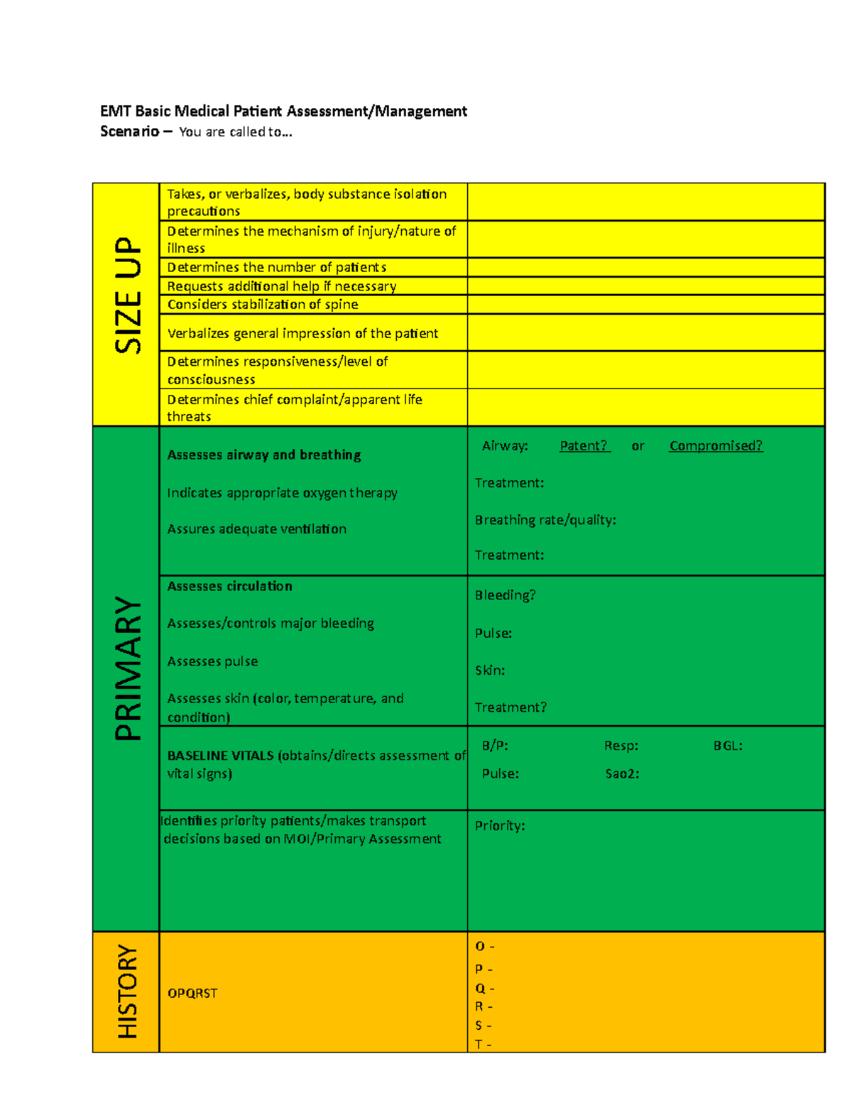 EMT Basic Medical Patient Assessment Management Template - SIZE UP EMT ...