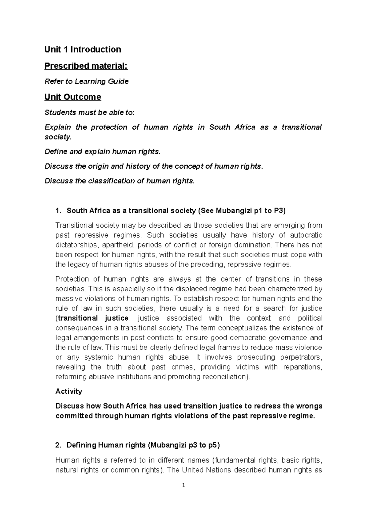 Unit 1 introduction to law - Unit 1 Introduction Prescribed material ...