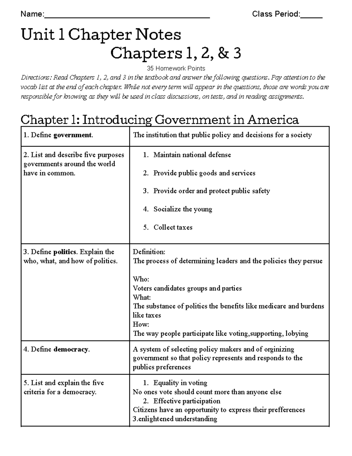 Unit 1 Chapter Notes (Gov in America Chapts. 13) Name