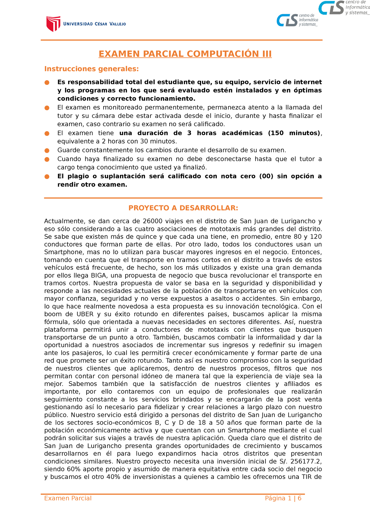 Primer Examen Parcial - EXAMEN PARCIAL COMPUTACIÓN III Instrucciones ...