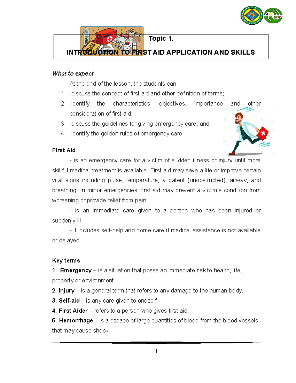 Topic 1 - Introduction to First AID Application and Skills - Topic 1 ...