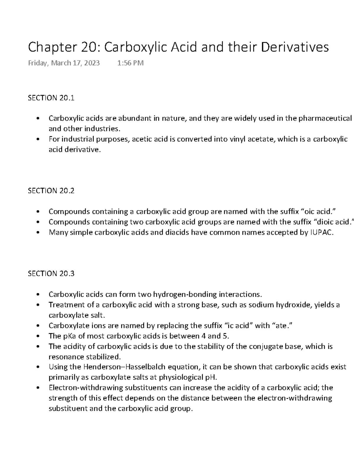 Chapter 20: Carboxylic Acid and their Derivatives Summary - SECTION 20 ...