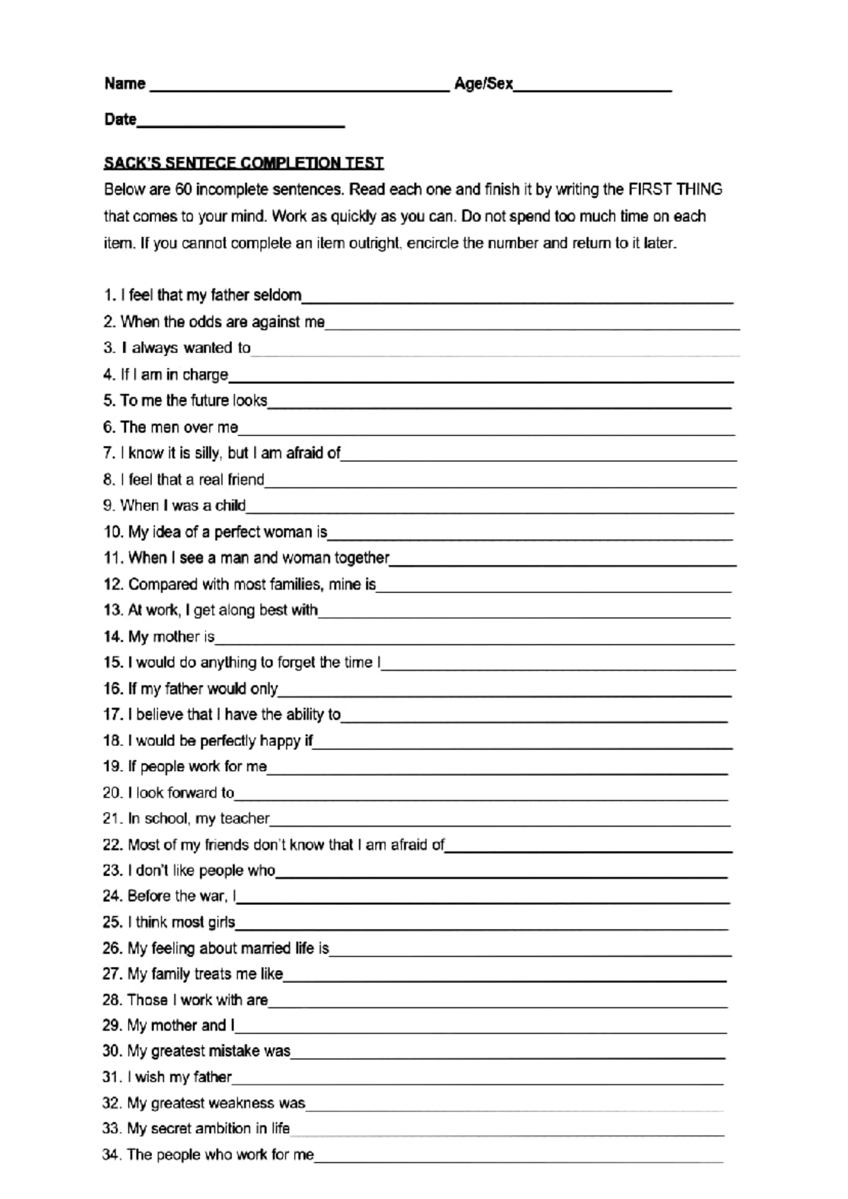Ssct eng - Sacks Sentence Completion Test - Name Date SACK'S SENTECE ...