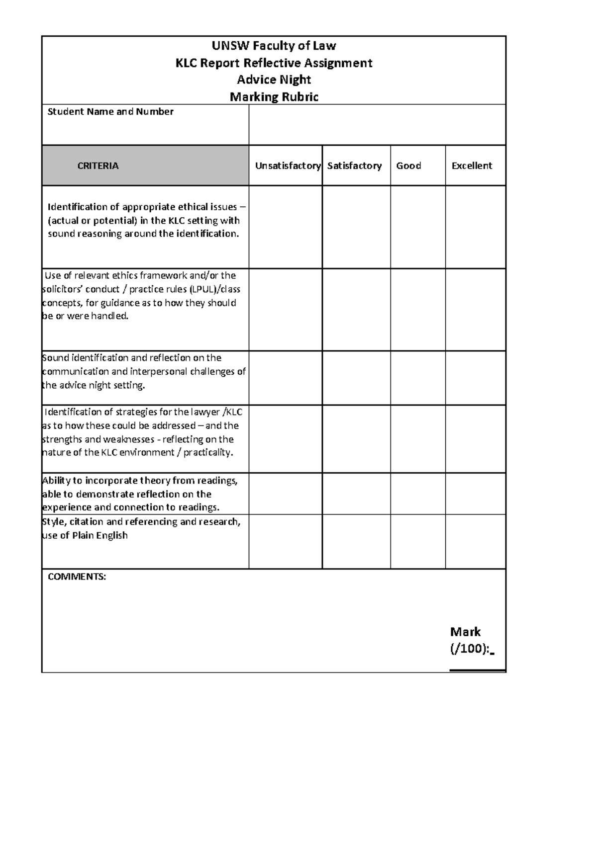 2023 T2 Rubric - Advice Night - UNSW Faculty of Law KLC Report ...