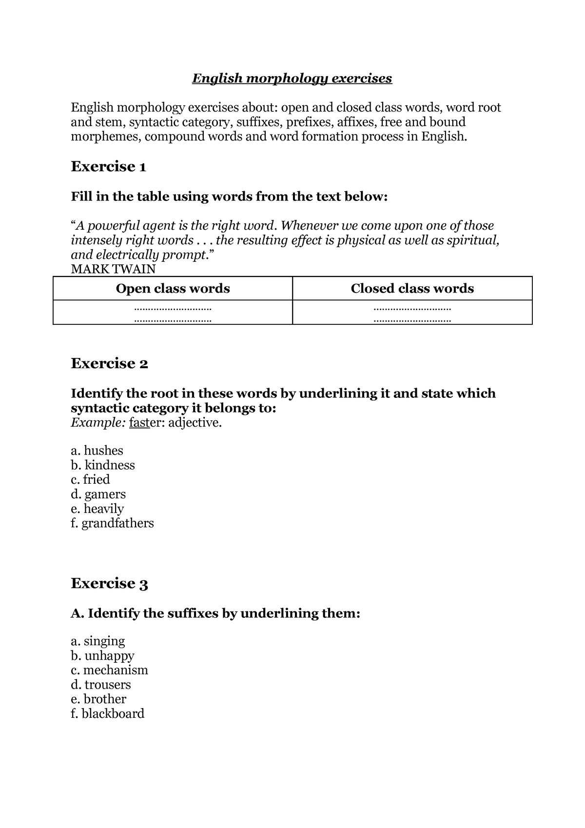 English Morphology Exercises - English Morphology Exercises English ...