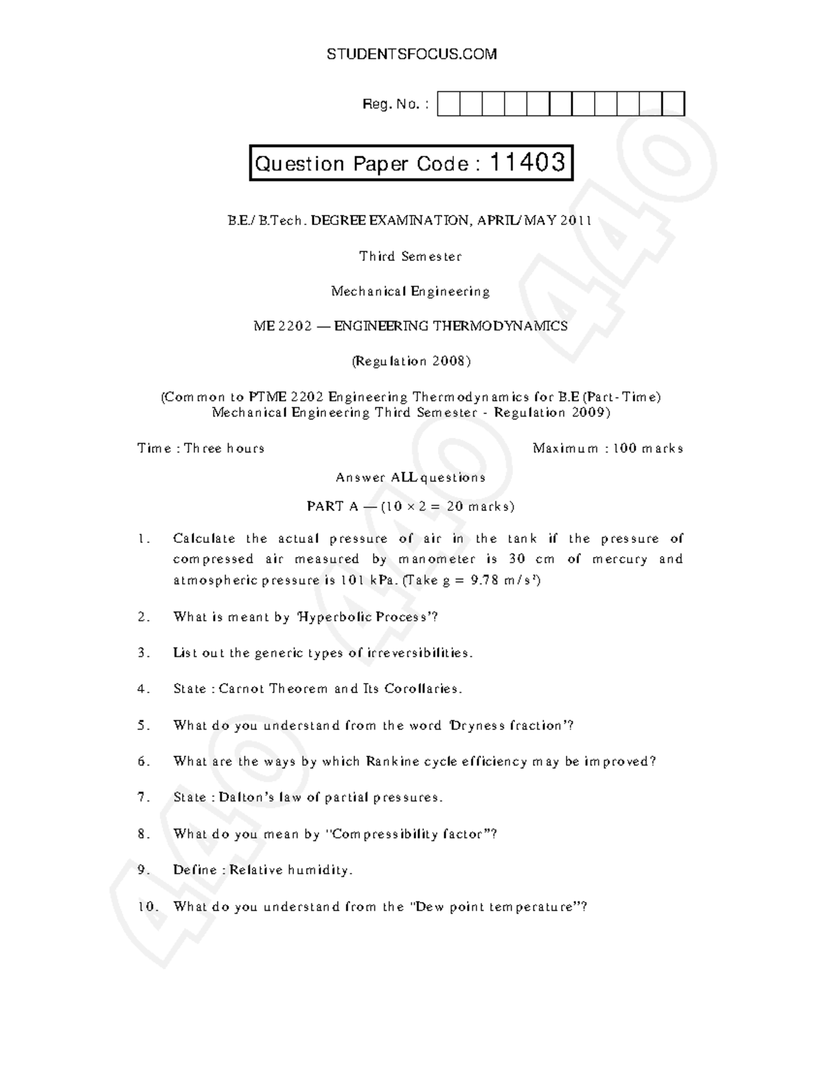 U114324 - Previous Year Question Paper - Reg. No. : B./ B E C H. D ...