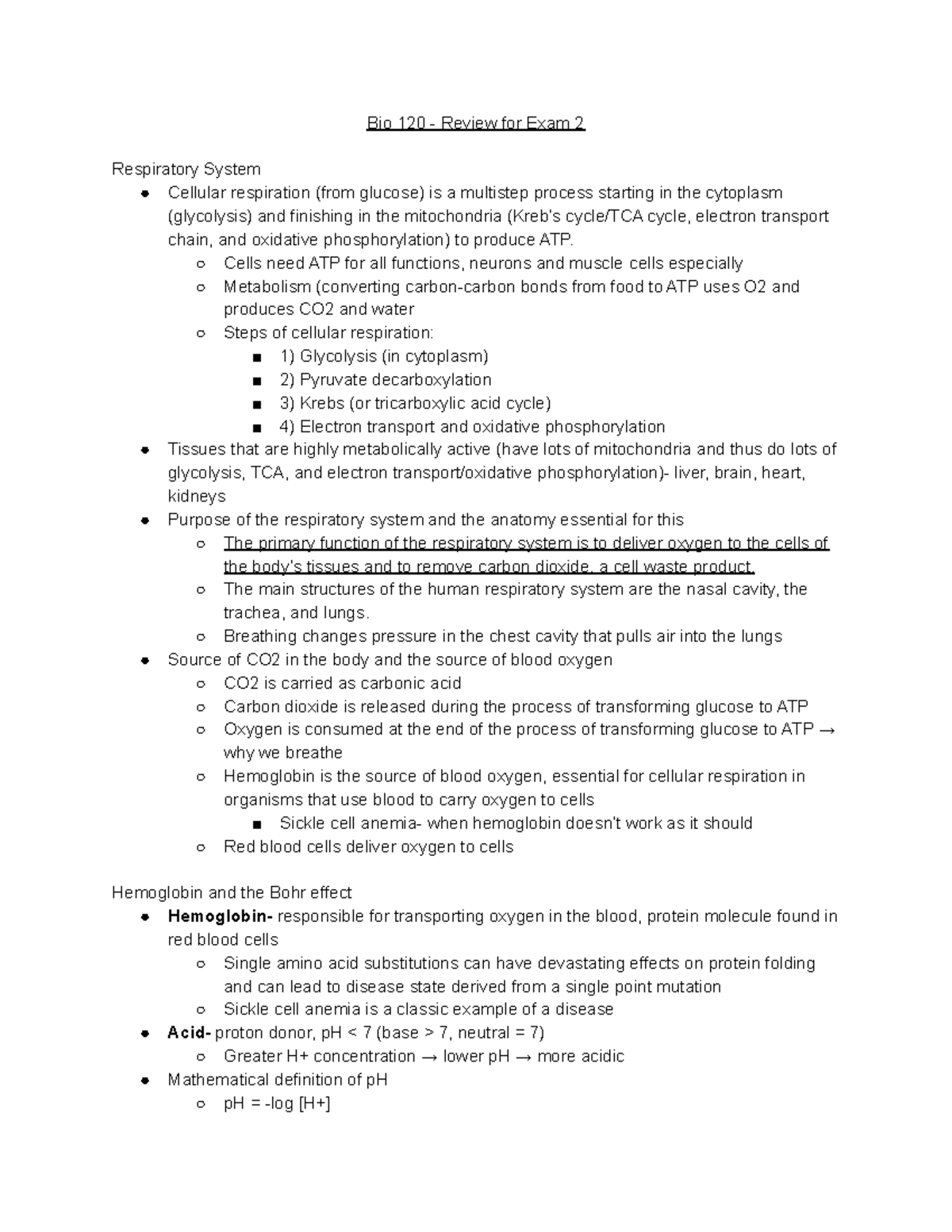 Bio 120 Review For Exam 2-2 - Bio 120 - Review For Exam 2 Respiratory ...