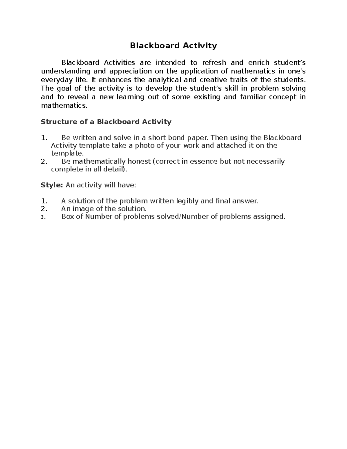 Blackboard Activity Guidelines Blackboard Activity Blackboard