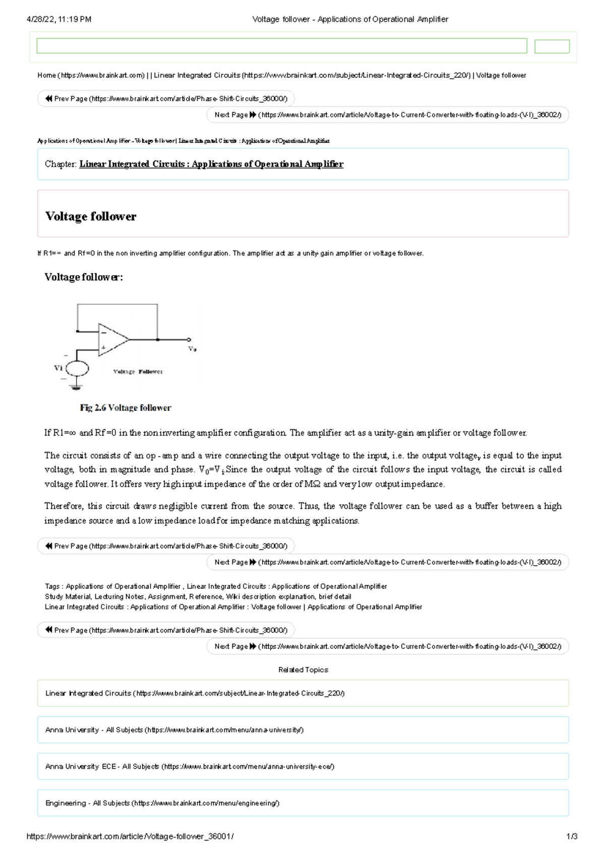 Linear Integrated Circuits The amplifier act as a unitygain
