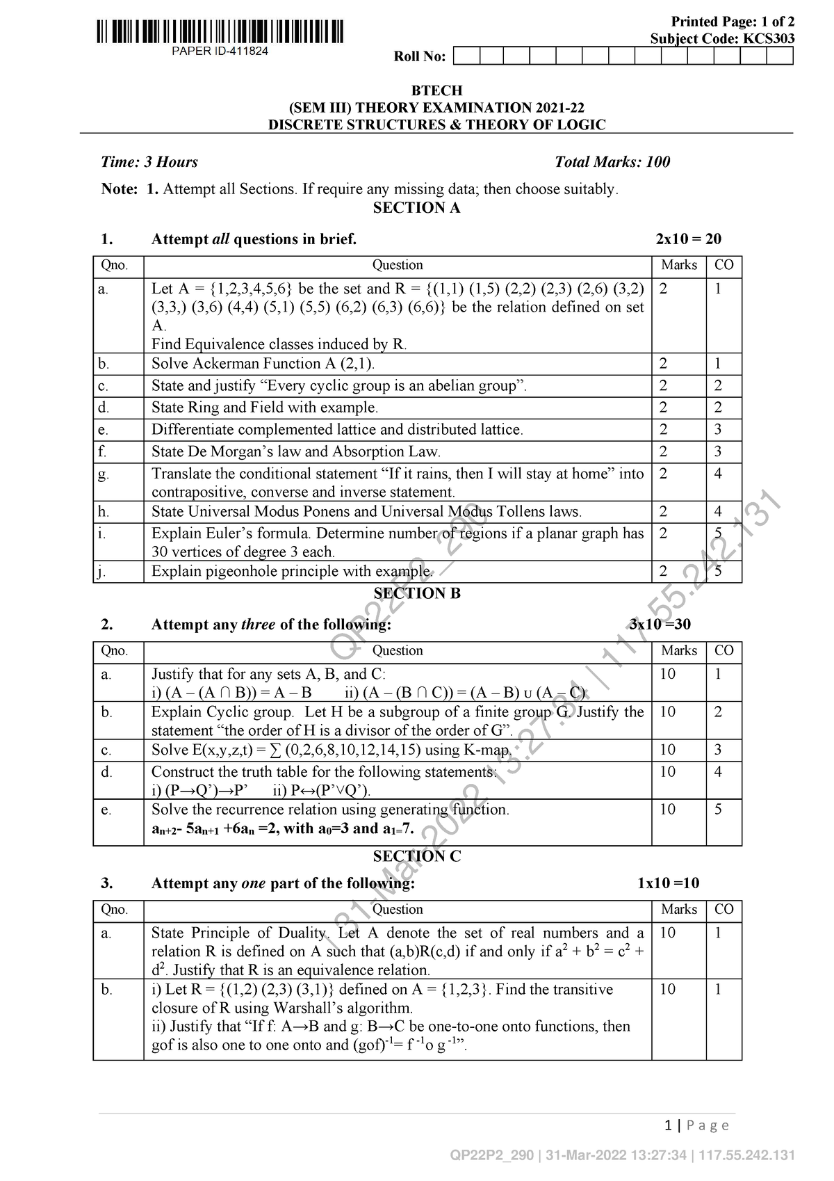 Btech Cs 3 Sem Discrete Structures Theory Of Logic Kcs303 2022 - QP22P2_ | 31-Mar-2022 13:27:34 ...