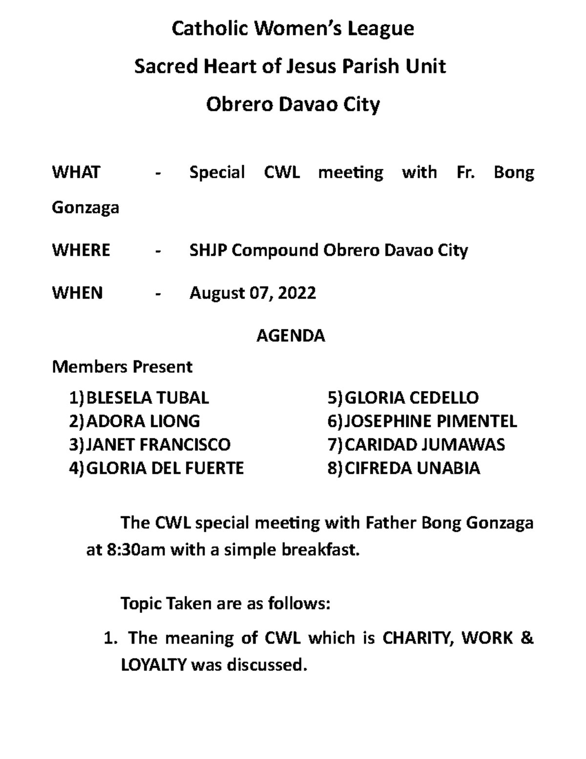 Catholic Women League Wew Catholic Women S League Sacred Heart Of