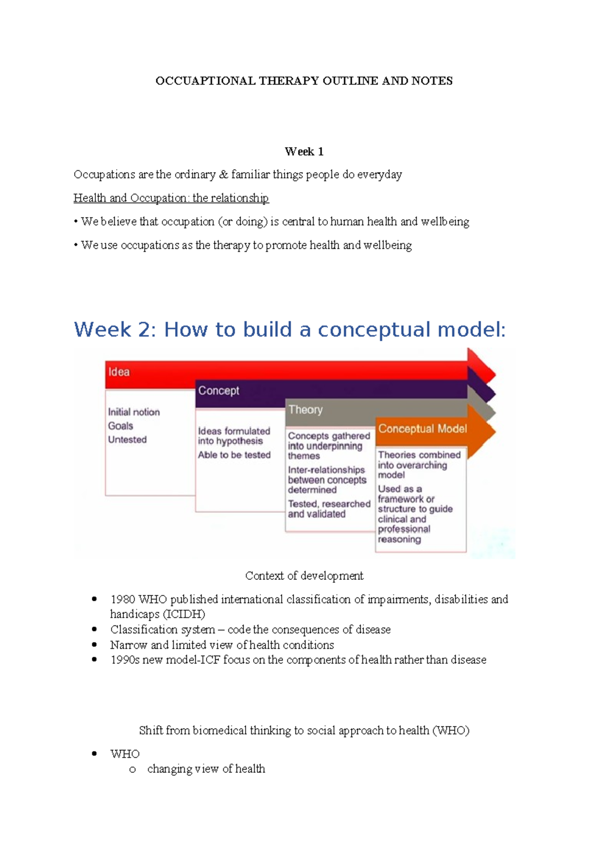 OTHY101 EVEN WEEK notes - OCCUAPTIONAL THERAPY OUTLINE AND NOTES Week 1 ...
