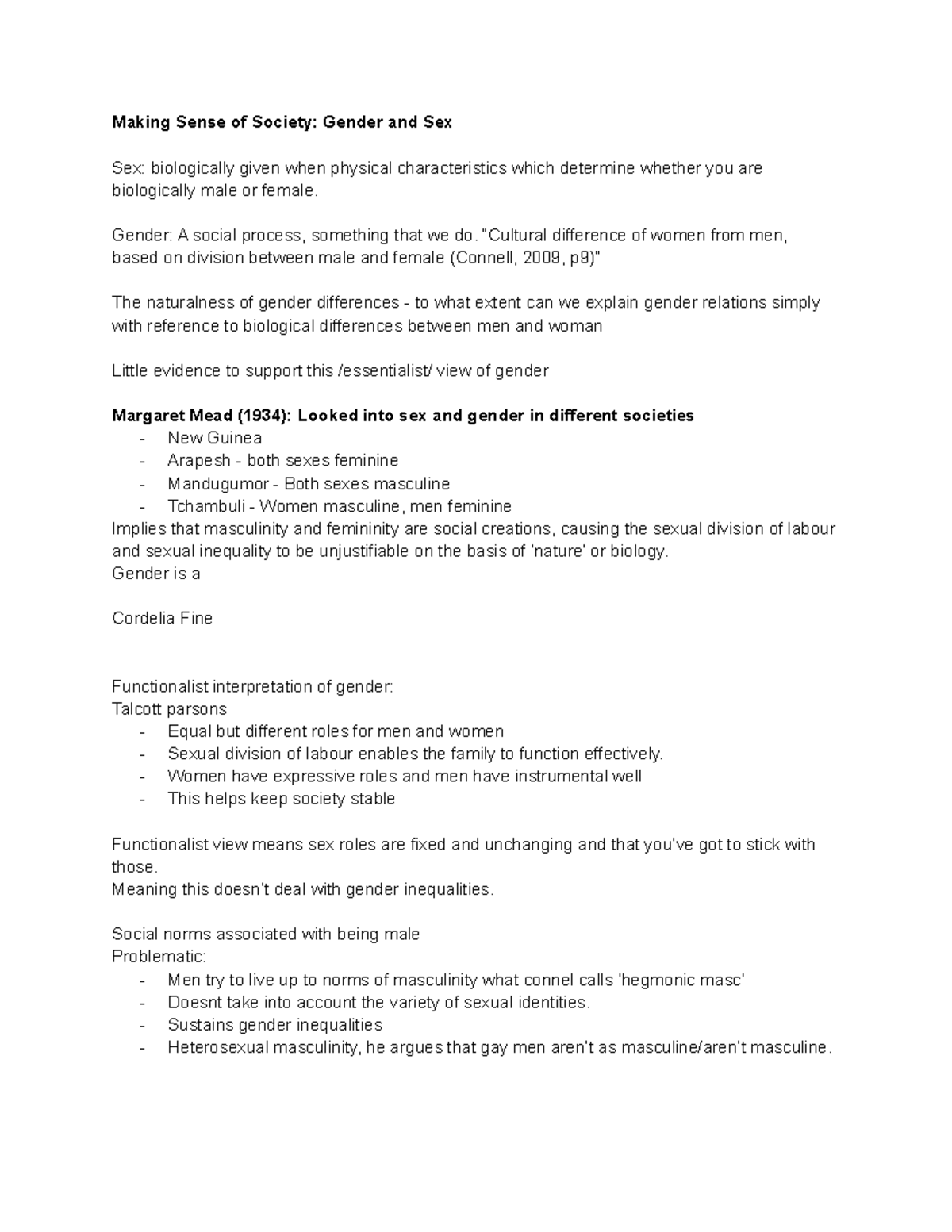 MSS W6 - Lecture notes - Making Sense of Society: Gender and Sex Sex ...