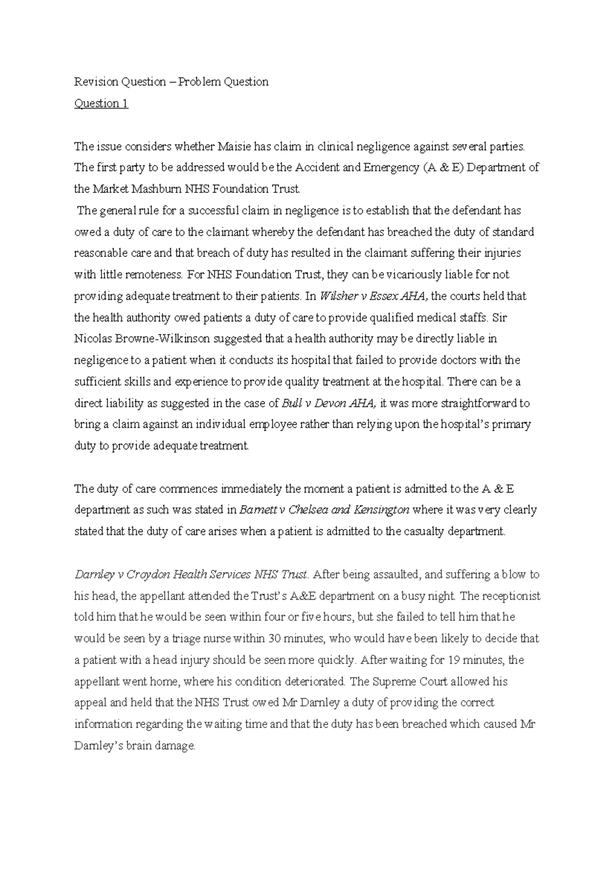 Medical negligence problem question - Revision Question – Problem ...