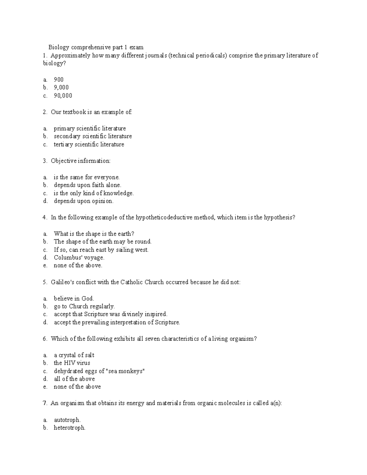 Biology comprehensive part 1 exam with answers - Biology comprehensive ...