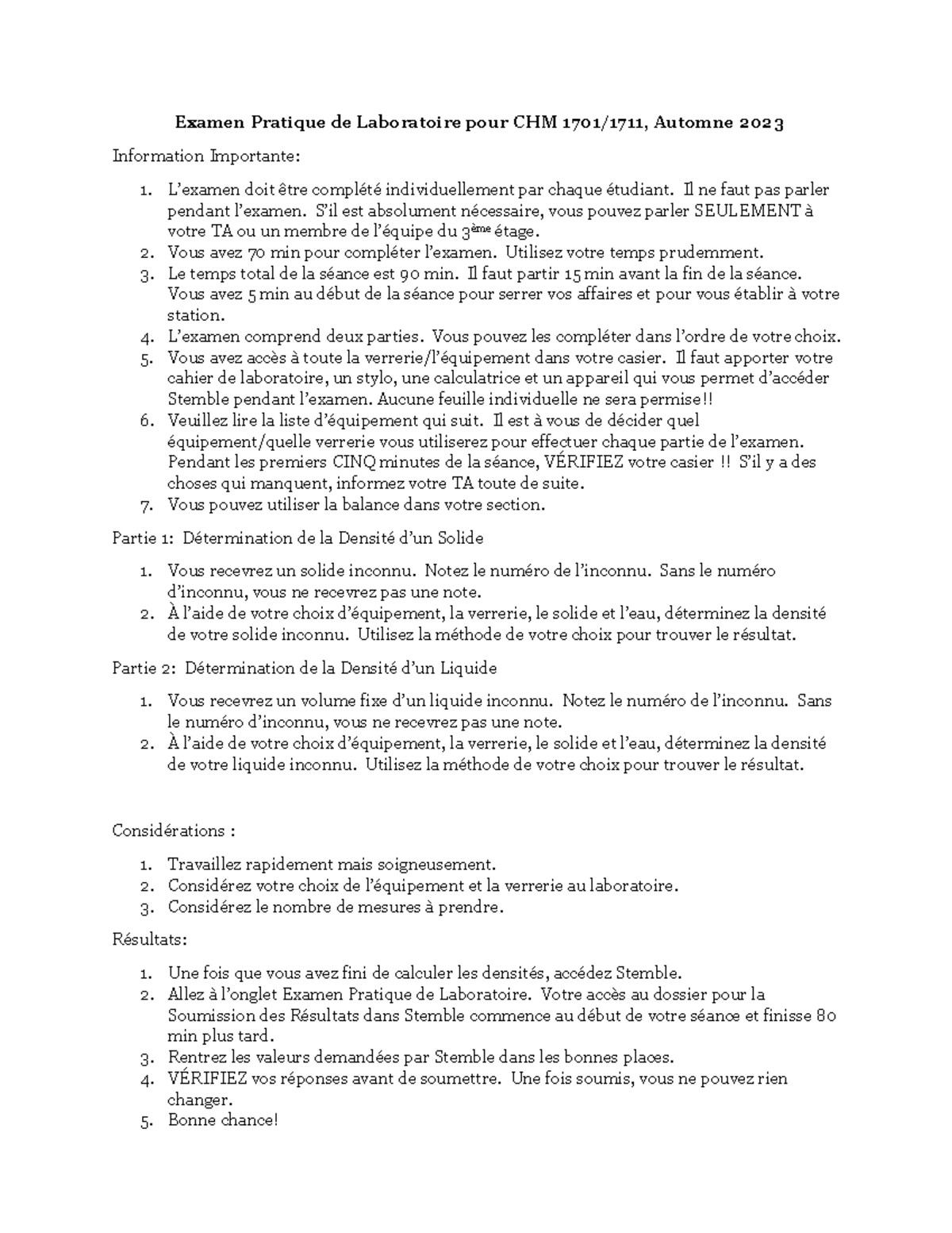 Practical Laboratory Exam for CHM 1301-fr 231 - Examen Pratique de ...