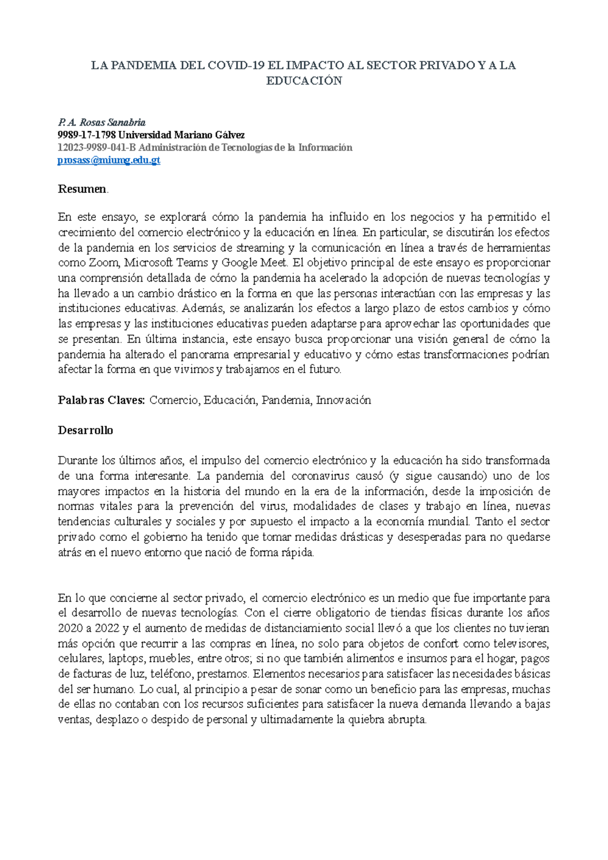 Ensayo Covid 19 - Copia - LA PANDEMIA DEL COVID-19 EL IMPACTO AL SECTOR ...
