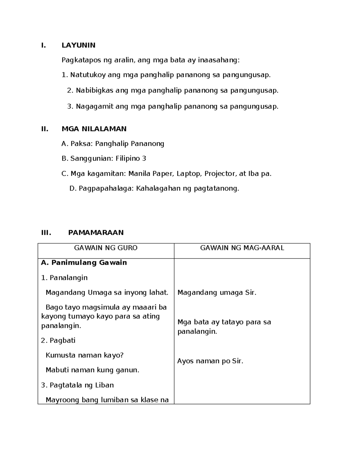 Demo LP - for education - I. LAYUNIN Pagkatapos ng aralin, ang mga bata ...