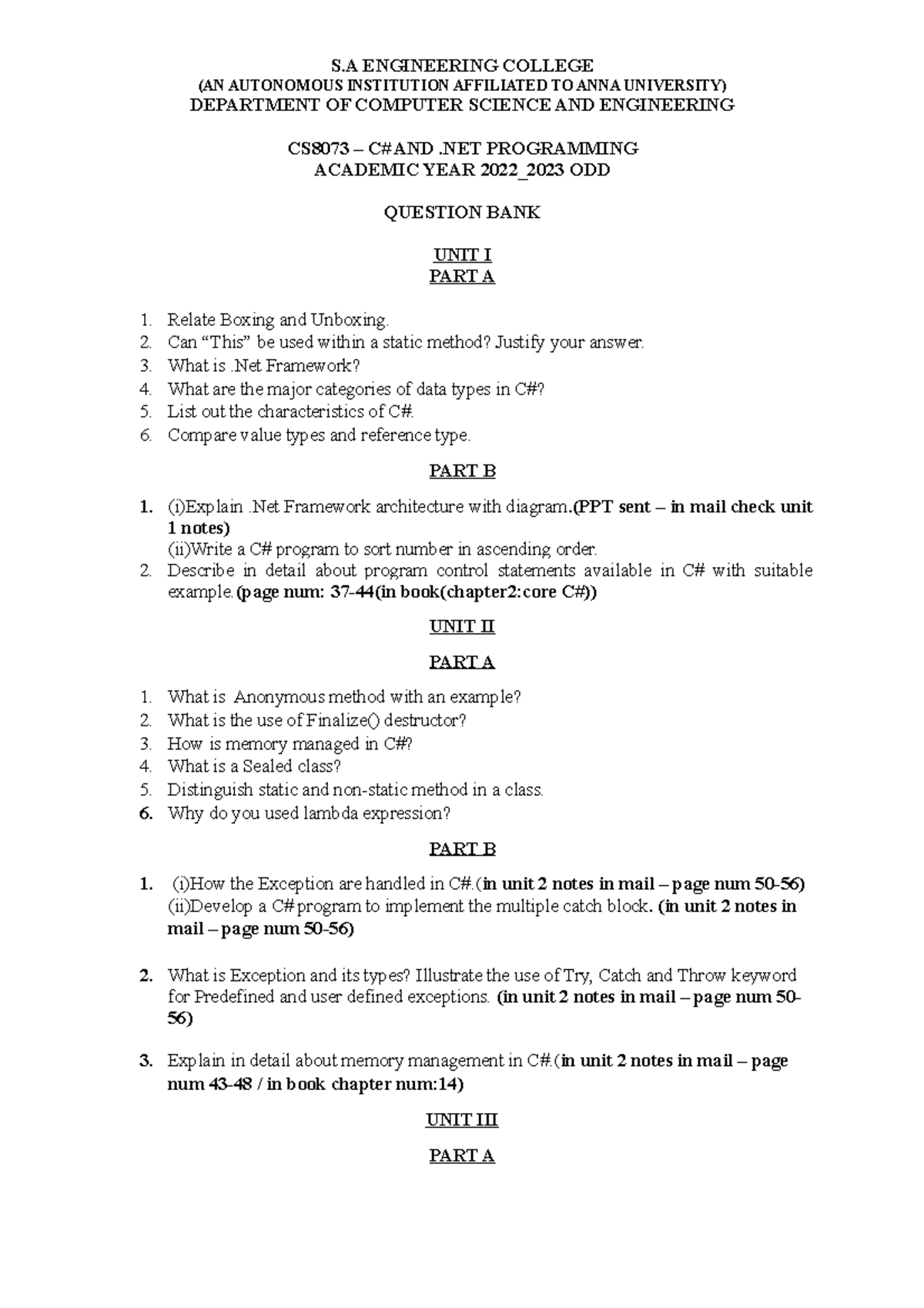 Question BANK C# 22 23 ODD IA3 Student (1) - S ENGINEERING COLLEGE (AN ...
