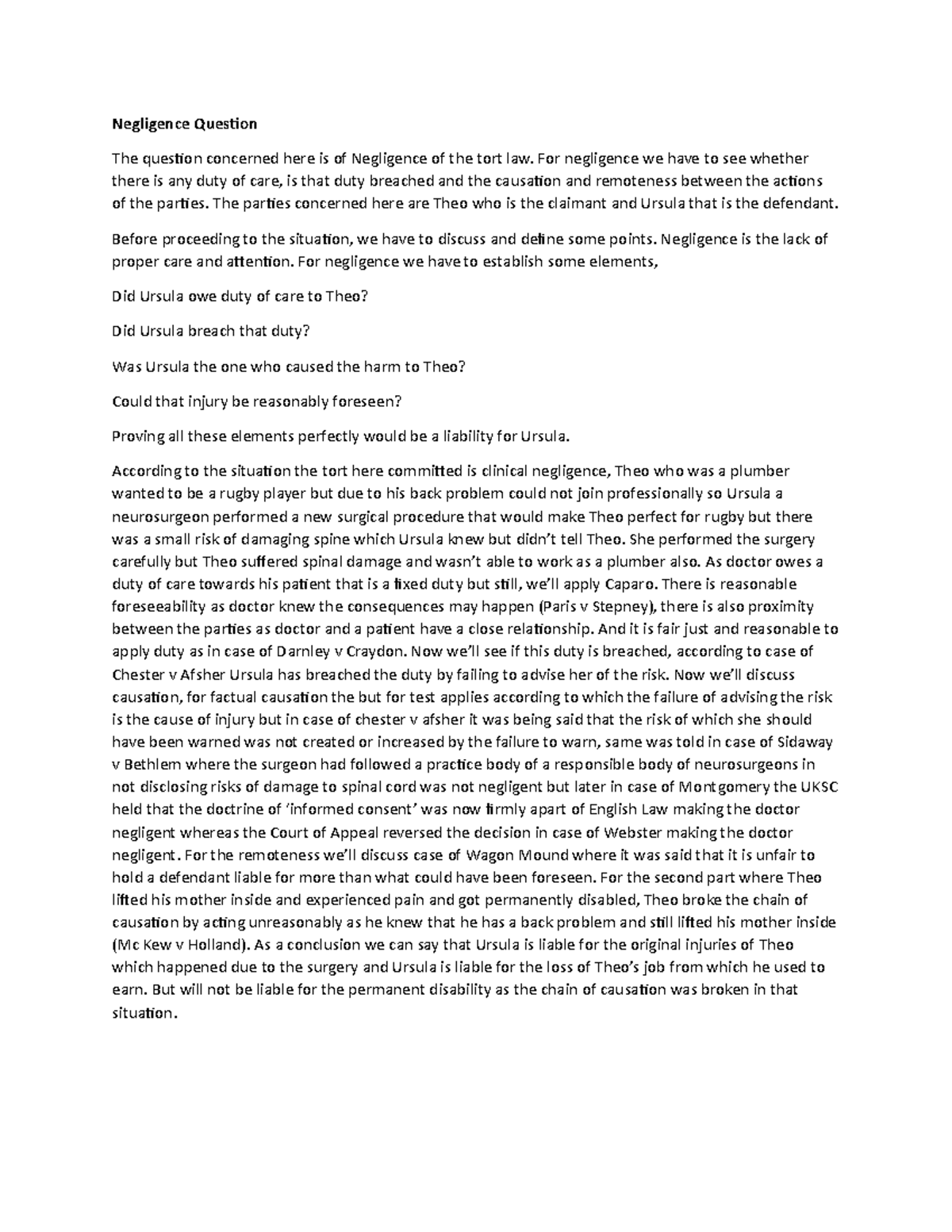 Negligence Problem Question - Negligence Question The question ...