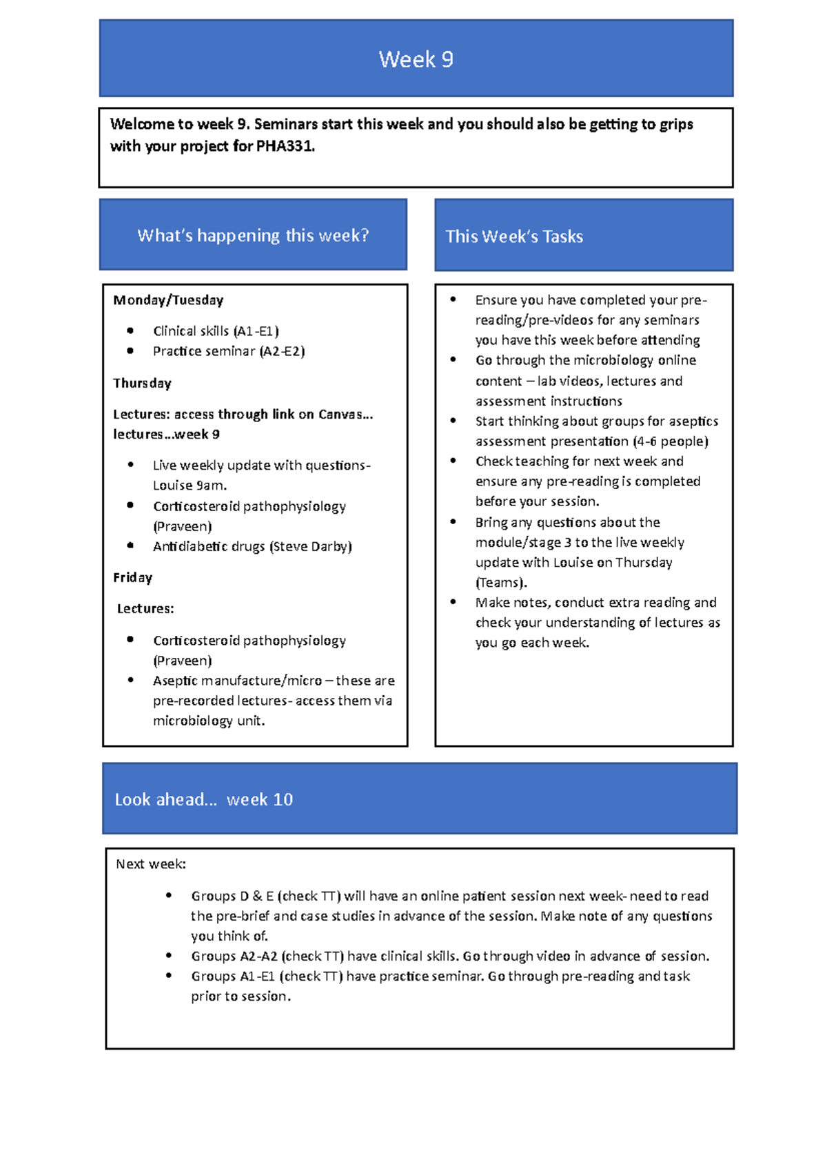 Week 9 Plan-2 - order - What’s happening this week? This Week’s Tasks ...