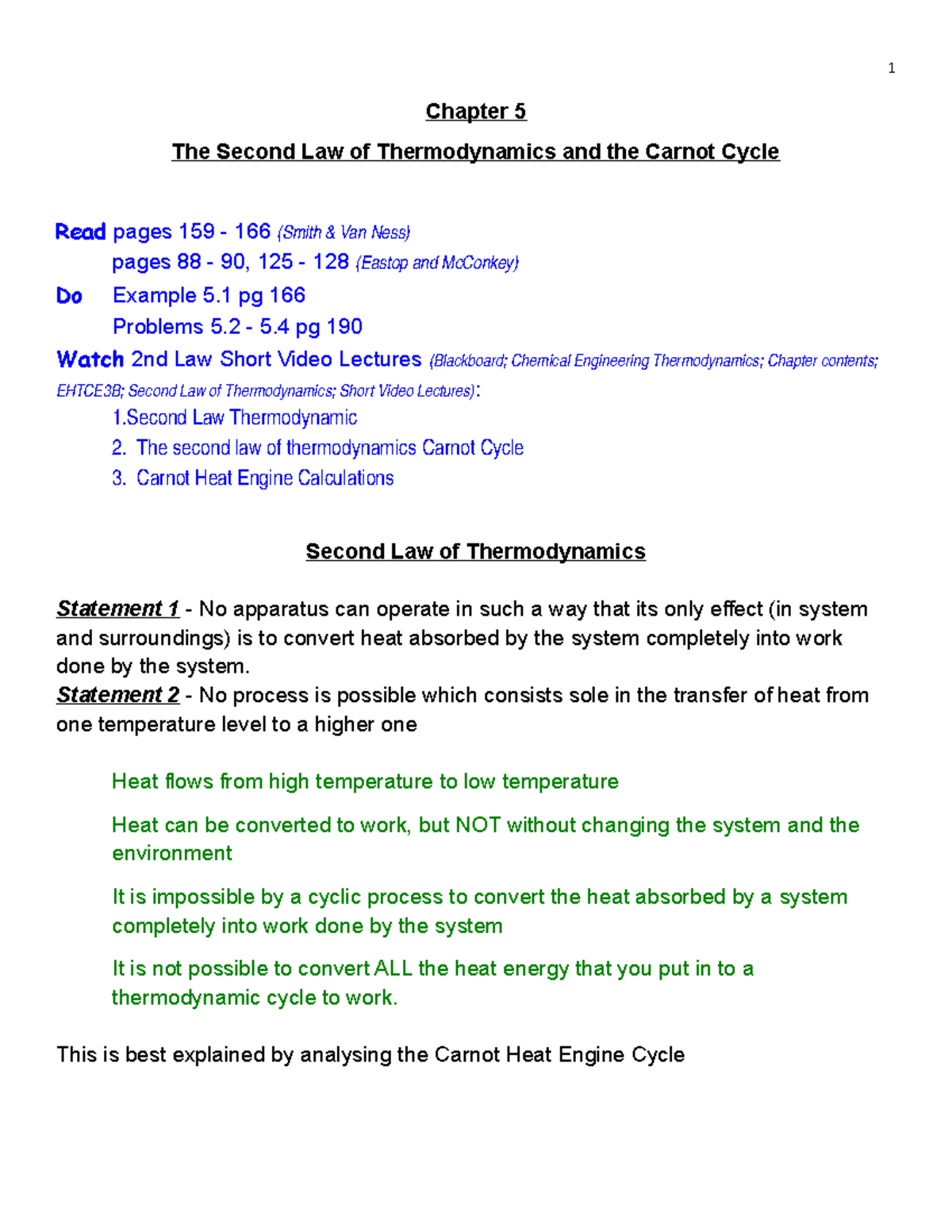 2nd Law of Thermodynamics and Carnot - 1 Chapter 5 The Second Law of ...