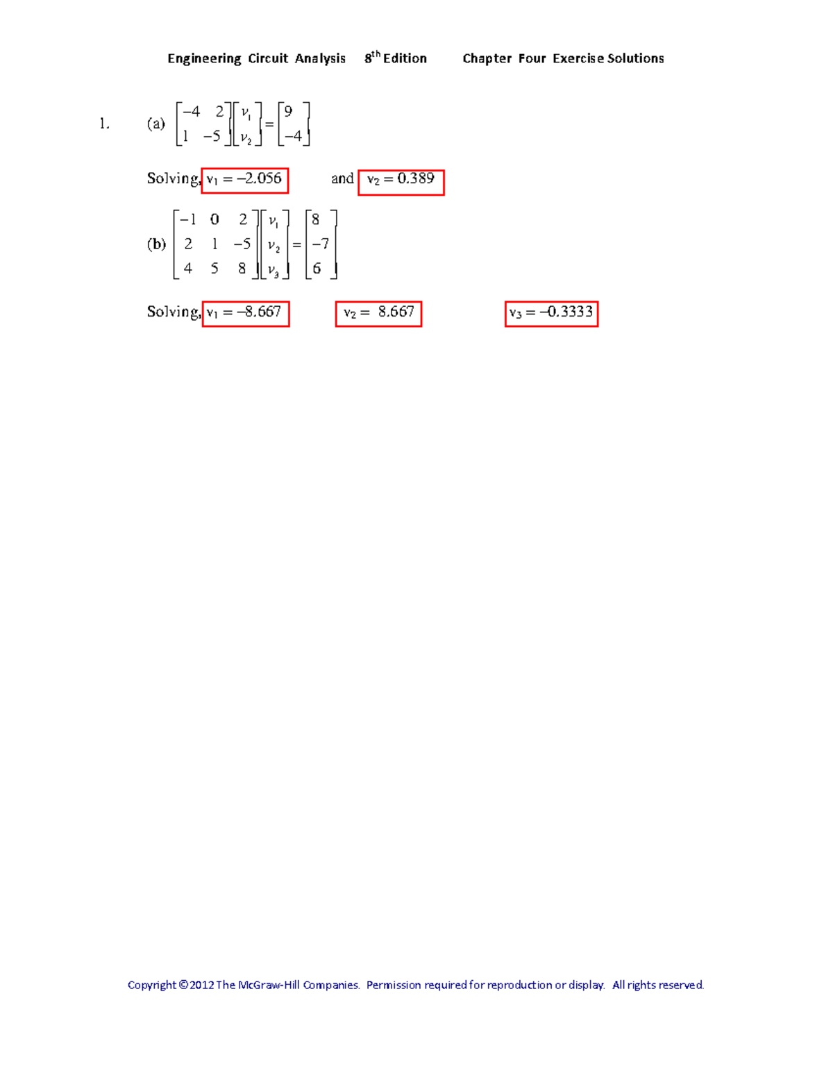 Ch04solutions Engineering Circuit Analysis 8 Edition Chapter Four Exercise Solutions A 1 2 4