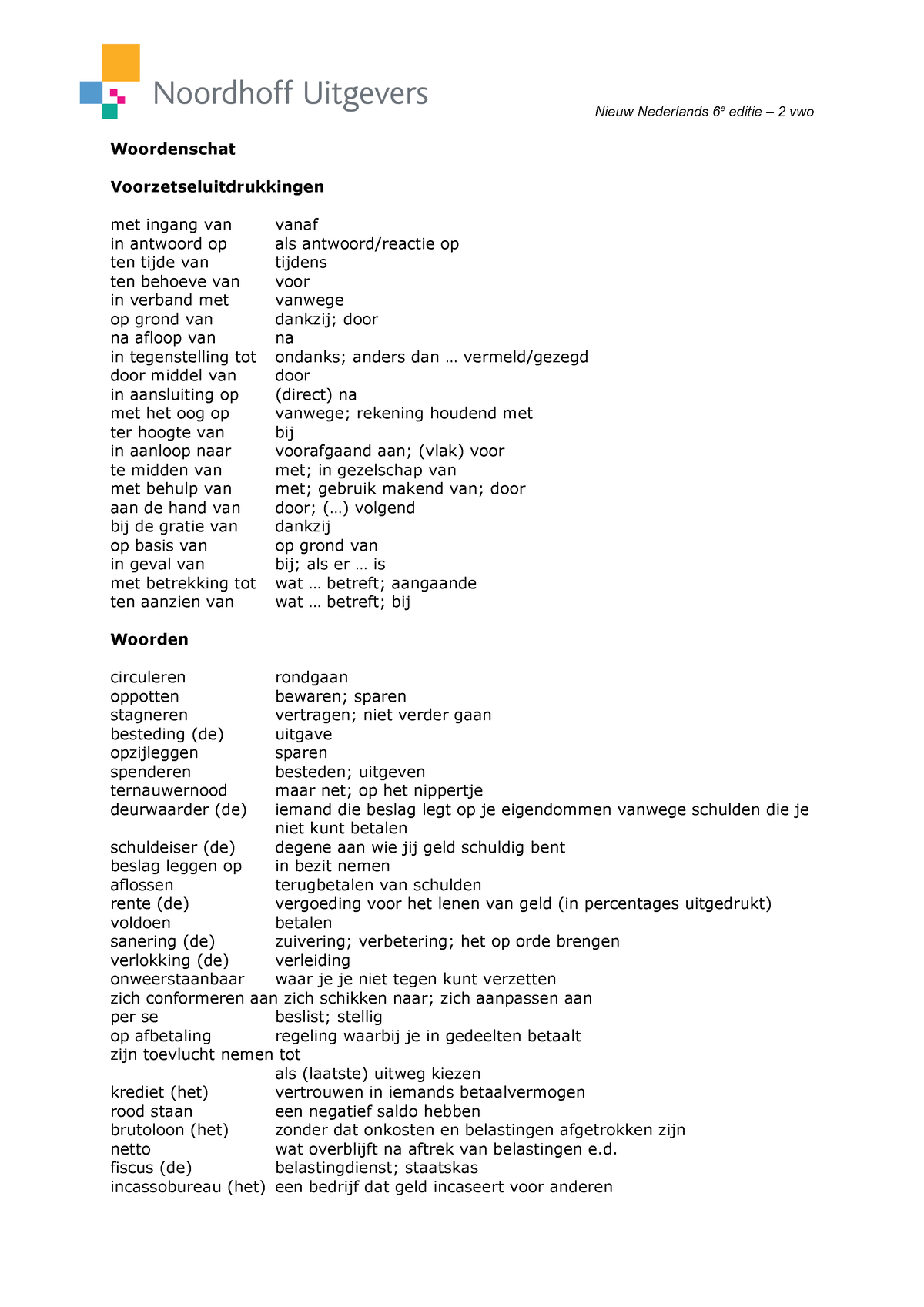 Woordenschat Woordenlijst H3 Nieuw Nederlands 6e Editie 2 Vwo