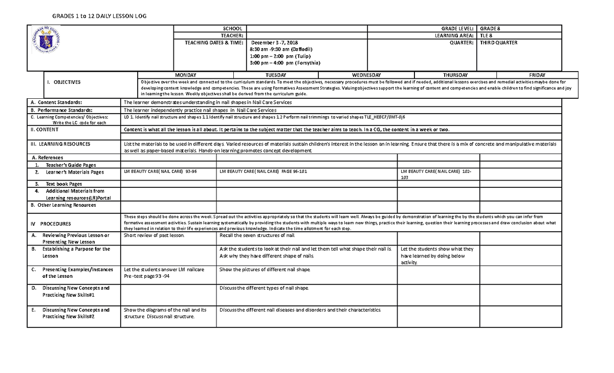 DLL nail care8 3rd week, Dec. 3-7, 2022 - GRADES 1 to 12 DAILY LESSON ...