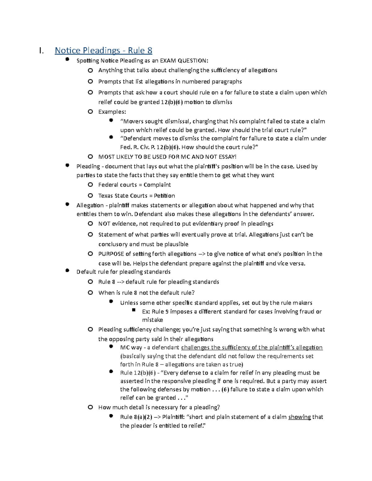 Civil Procedure Outline - I. Notice Pleadings - Rule 8 Spotting Notice ...