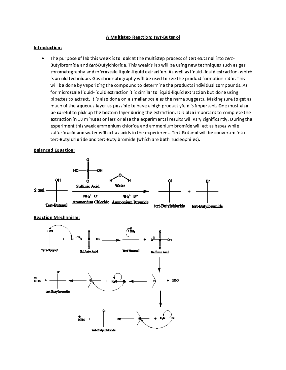 CHEM 2211 Lab Report 9 - A Multistep Reaction: tert -Butanol ...