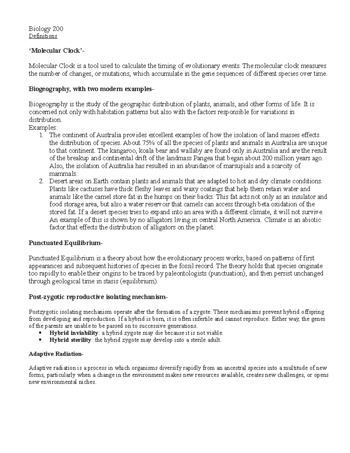 Assigment 5 - Biology 200 Definitions ‘Molecular Clock’- Molecular ...