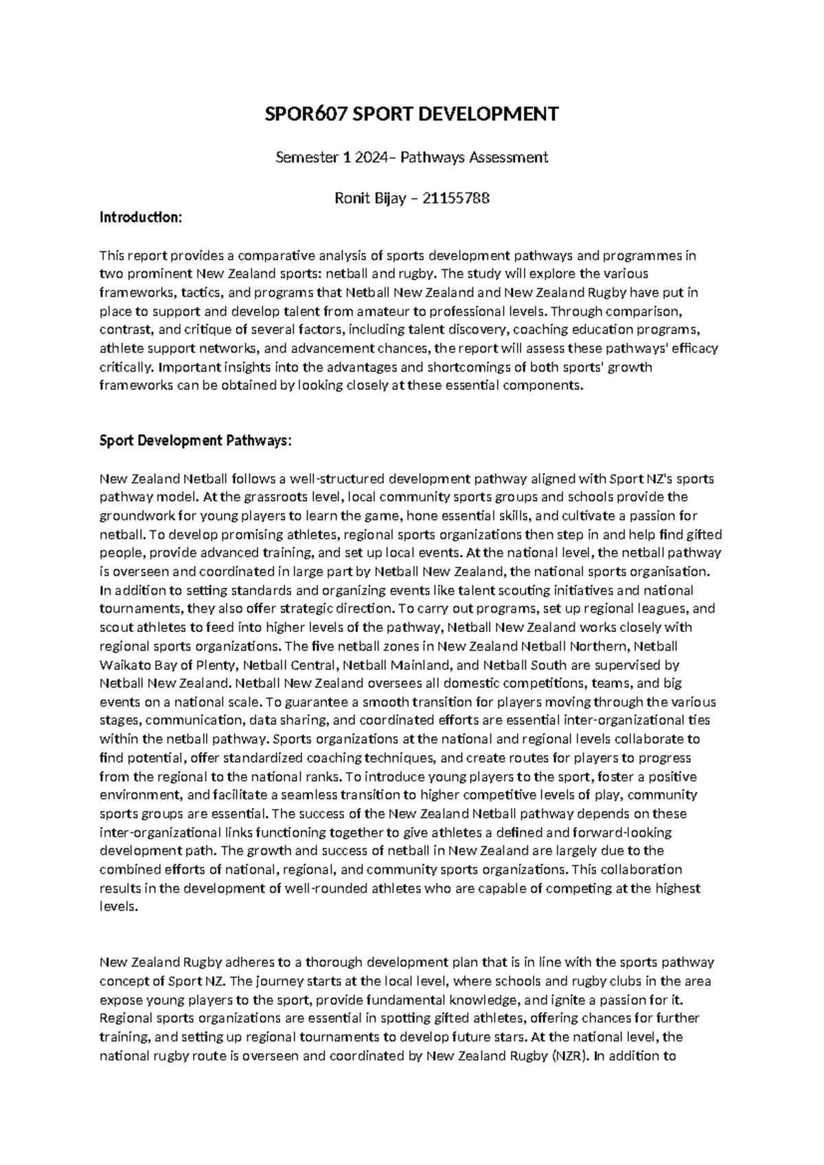 SPOR607 Pathway Assignment - SPOR607 SPORT DEVELOPMENT Semester 1 2024 ...