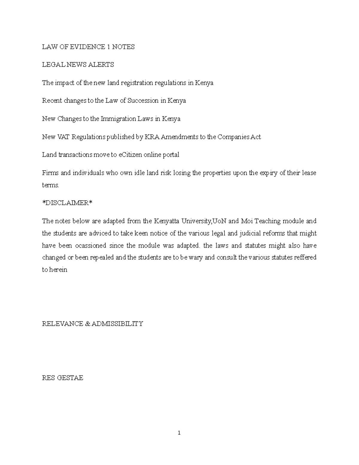 LAW OF Evidence 1 Notes LAW OF EVIDENCE 1 NOTES LEGAL NEWS ALERTS The