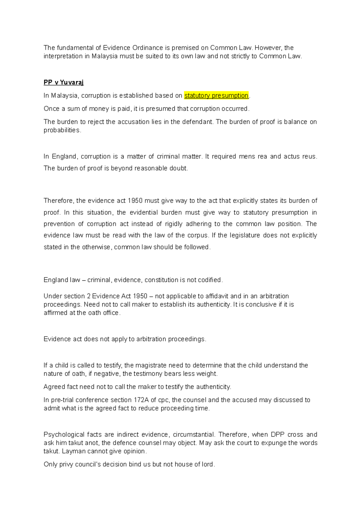 Evidence Law Notes - The fundamental of Evidence Ordinance is premised ...