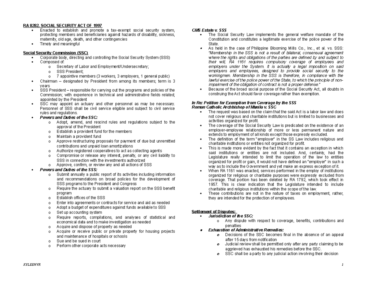 SSSLAW Reviewer for Social Legislations RA 8282. SOCIAL SECURITY