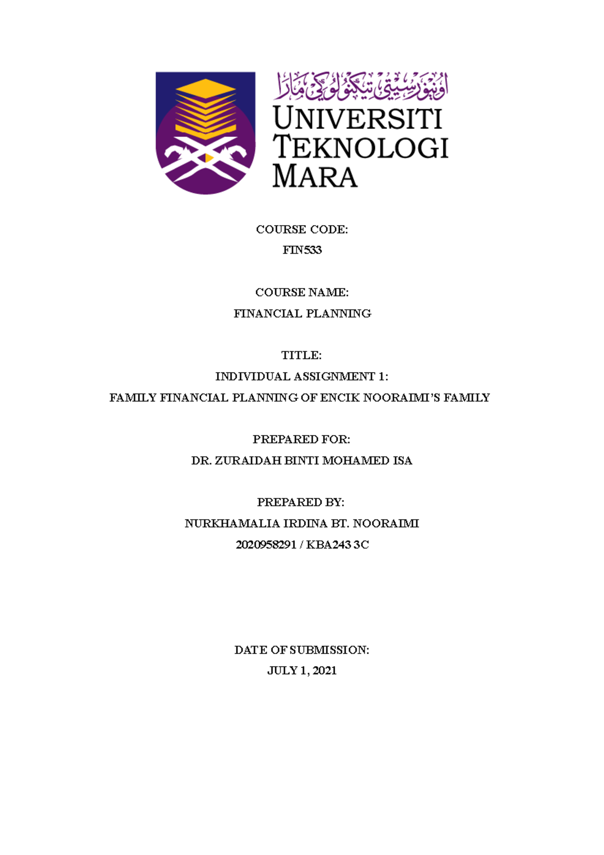FIN533 - Individual Assignment - Nurkhamalia Irdina Binti Nooraimi ...