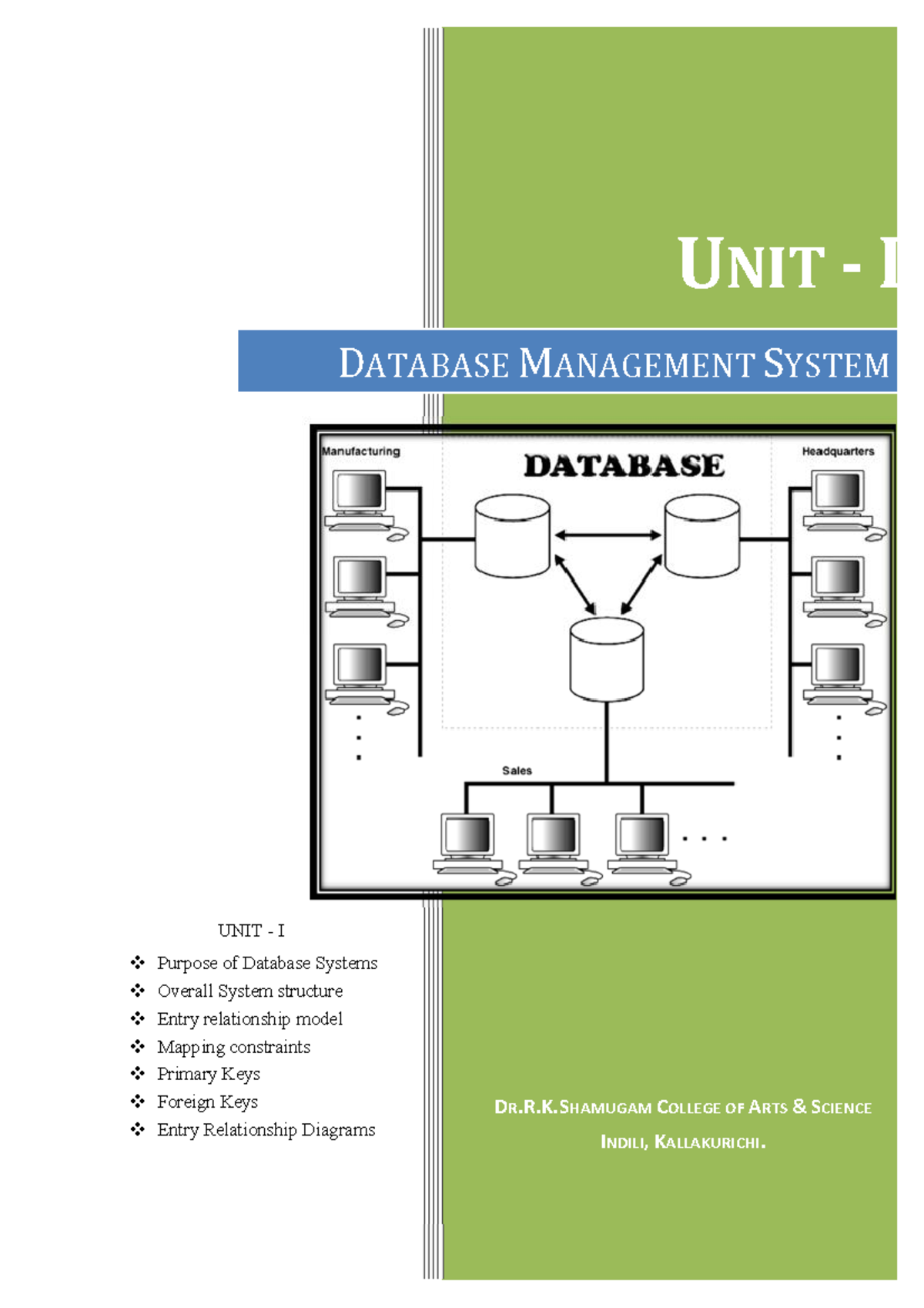 Dbms Unit1 - Dbms - UNIT - I DR.R.K COLLEGE OF ARTS & SCIENCE INDILI ...