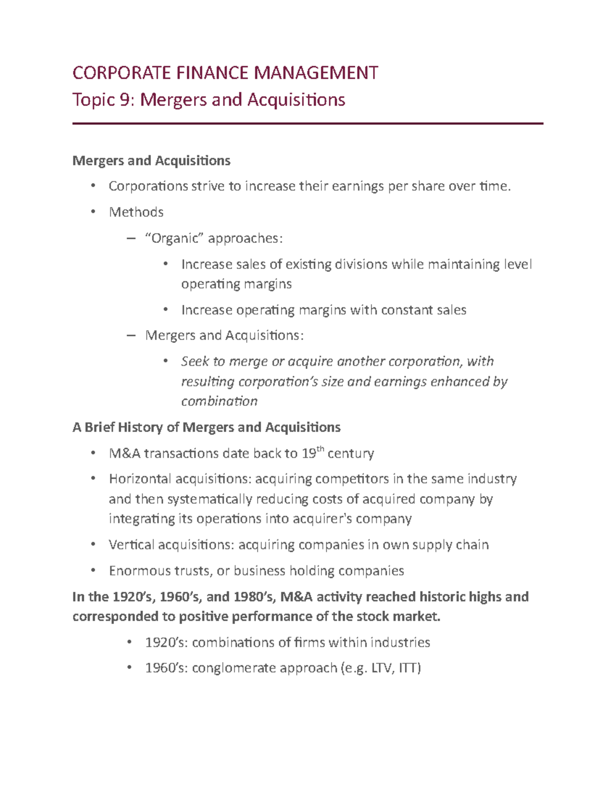 Corporate Finance Management Topic 9- Mergers and Acquisitions ...