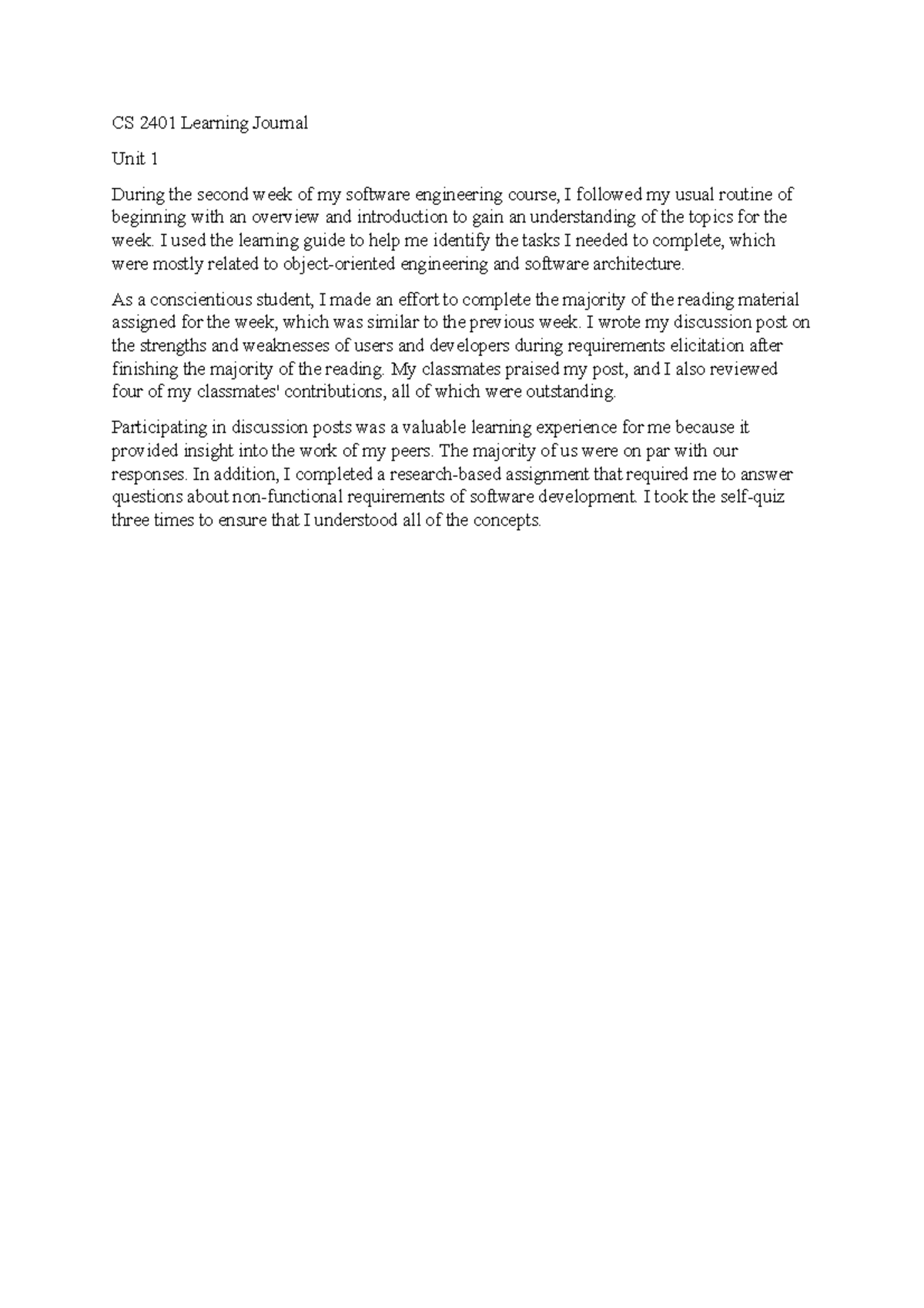 CS 2401 Learning Journal Unit 1 - I used the learning guide to help me ...
