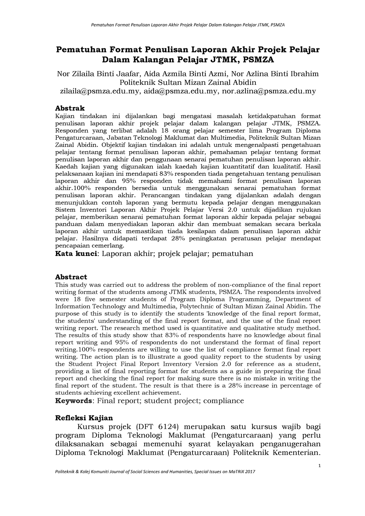 Pematuhan Format Penulisan Laporan Akhir Projek Pelajar - Edu, Aida ...