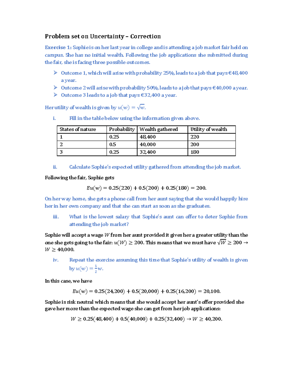 Prob Set Uncertainty Correction Problem set on Uncertainty