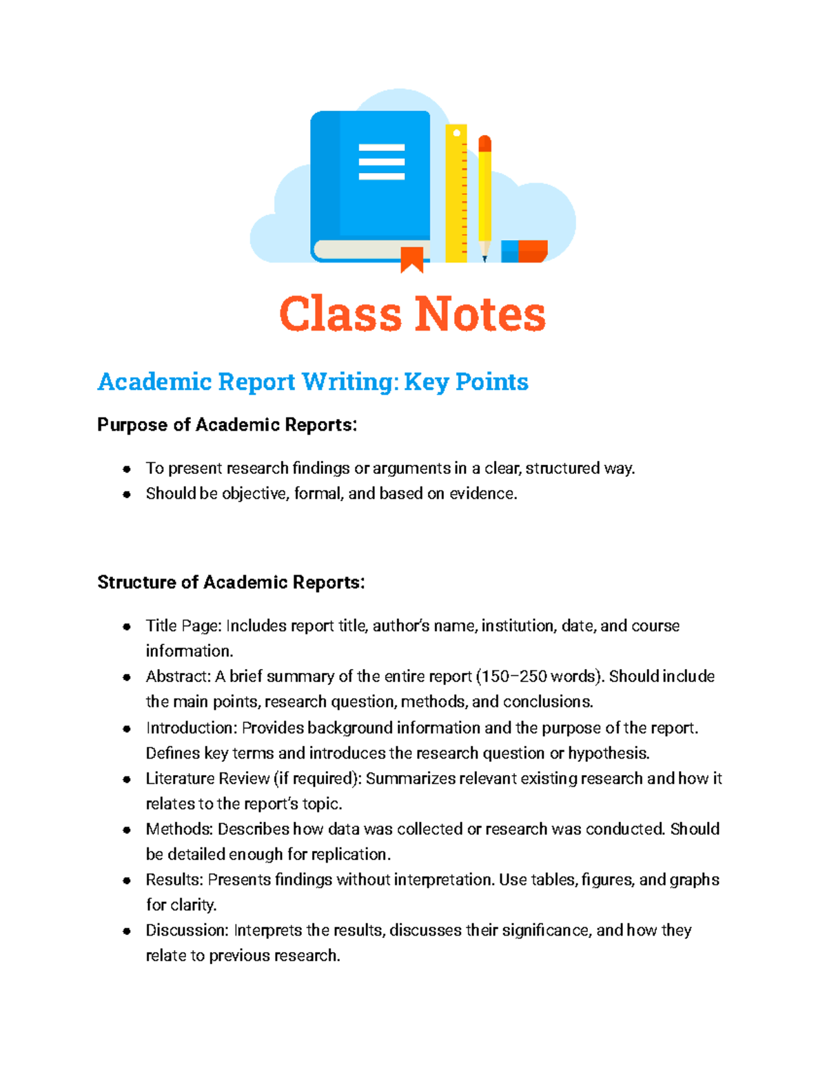 Class notes - Class Notes Academic Report Writing: Key Points Purpose ...