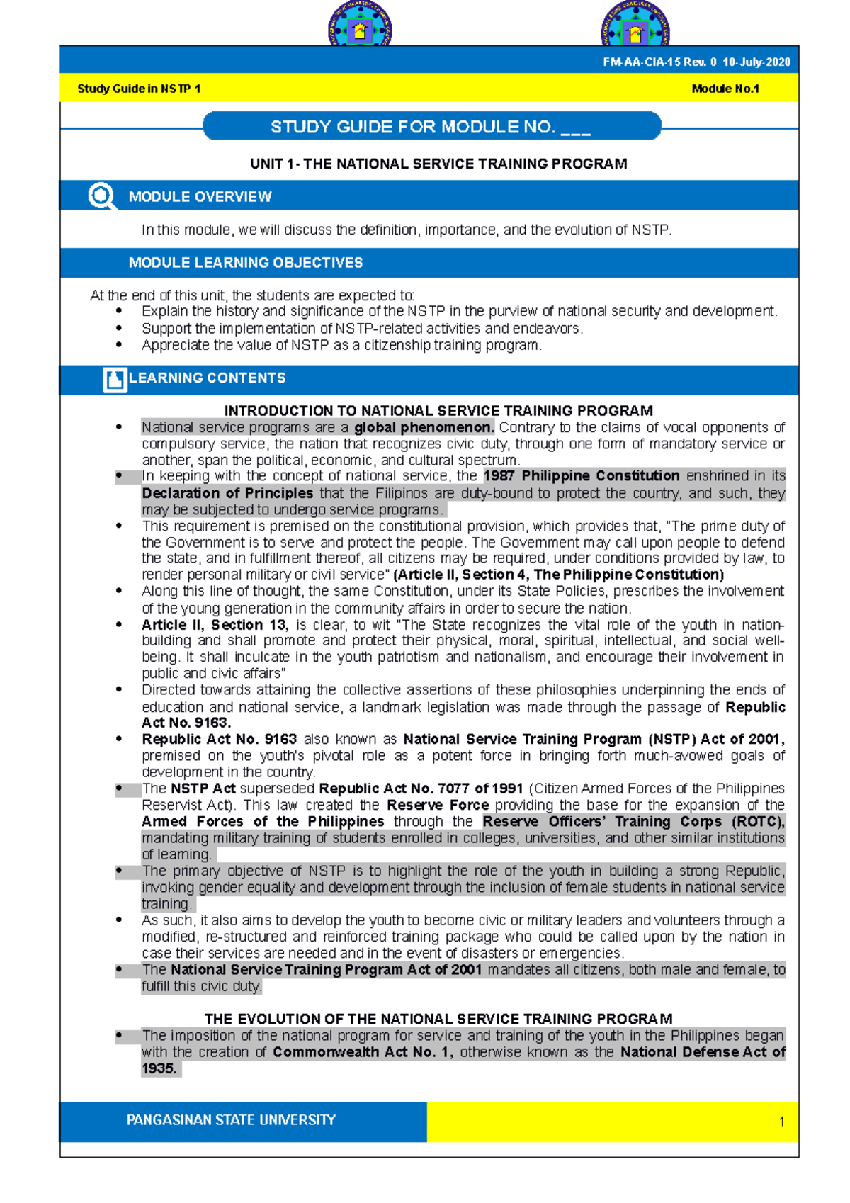 Study Guide 1 Evolution of NSTP - PANGASINAN STATE UNIVERSITY Study ...