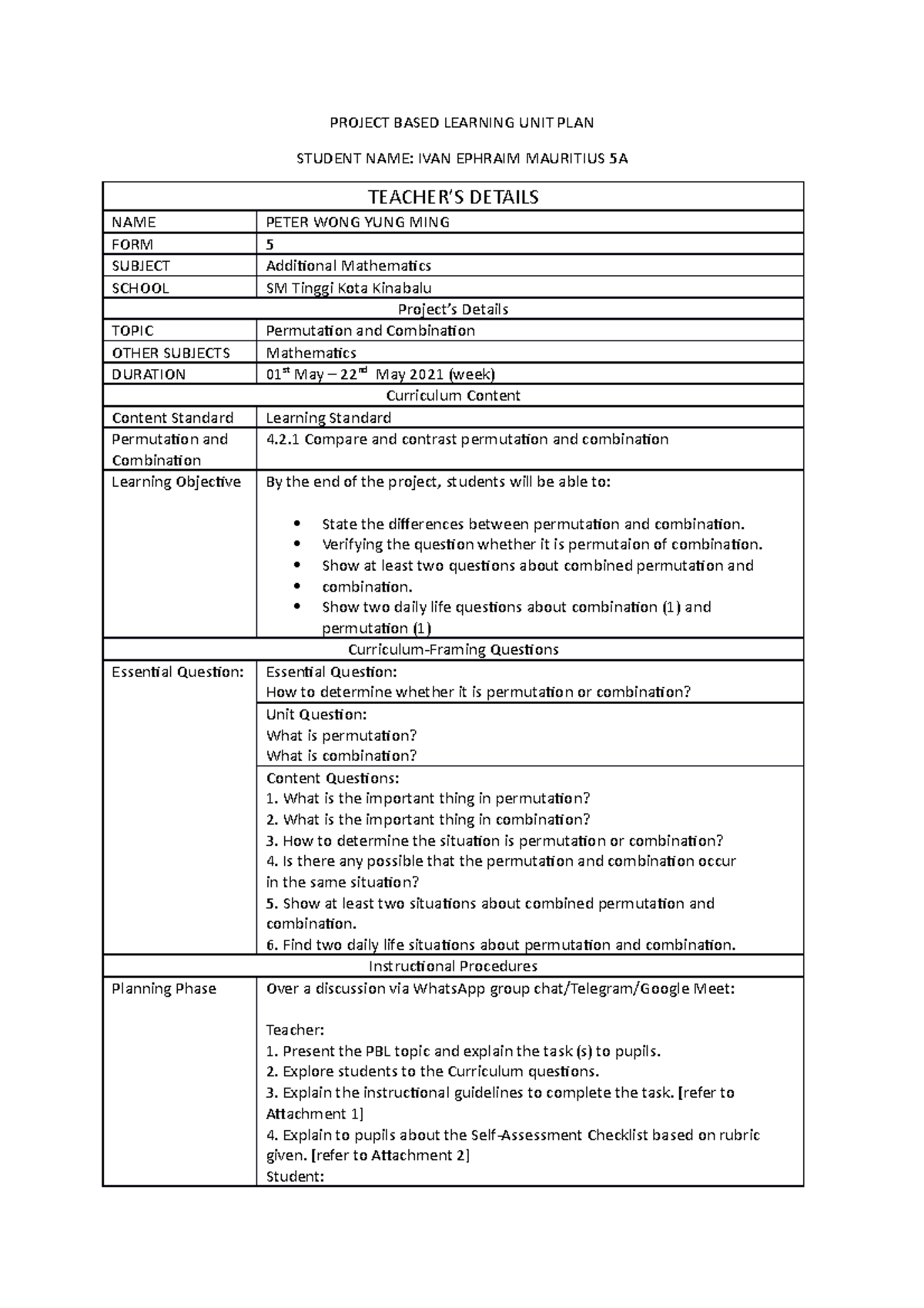 Project Based Learning UNIT PLAN - PROJECT BASED LEARNING UNIT PLAN ...
